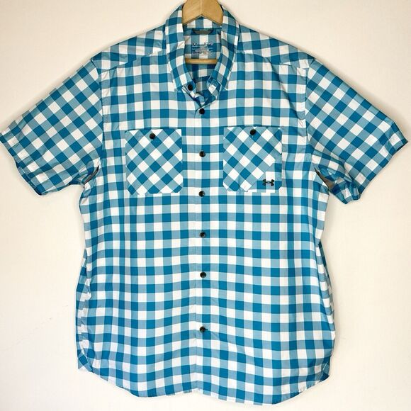 Under Armour Shirt Adult XL Teal Blue Plaid Vented Button‎ Up Short Sleeve Mens - Picture 1 of 5
